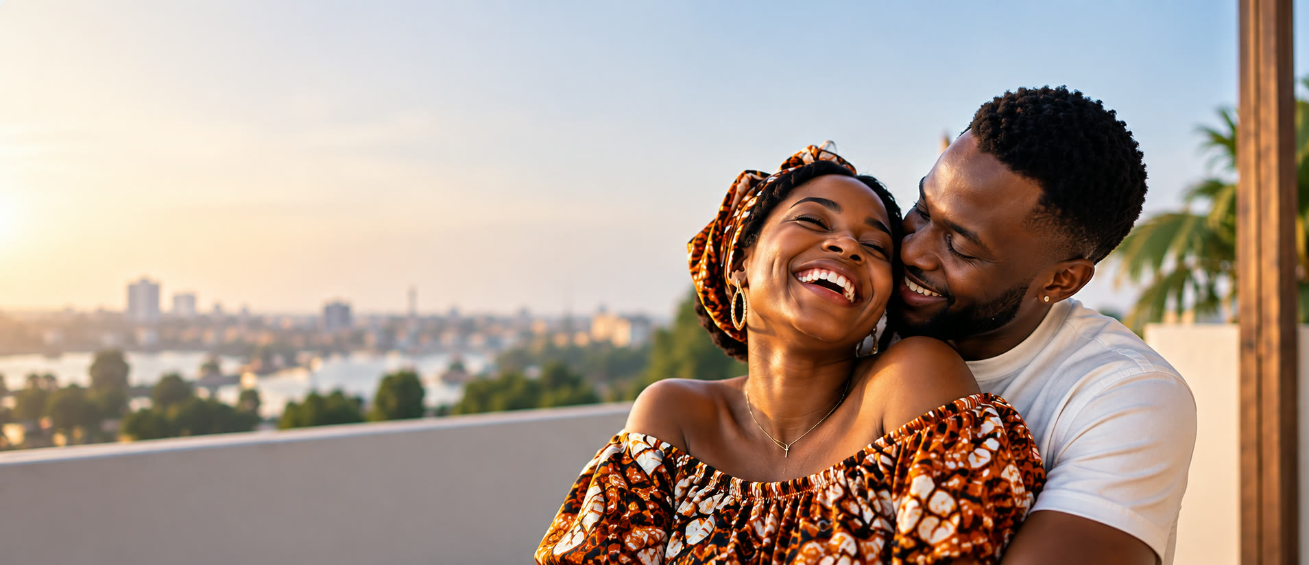 Un jeune couple africain amoureux partageant un moment tendre au coucher du soleil